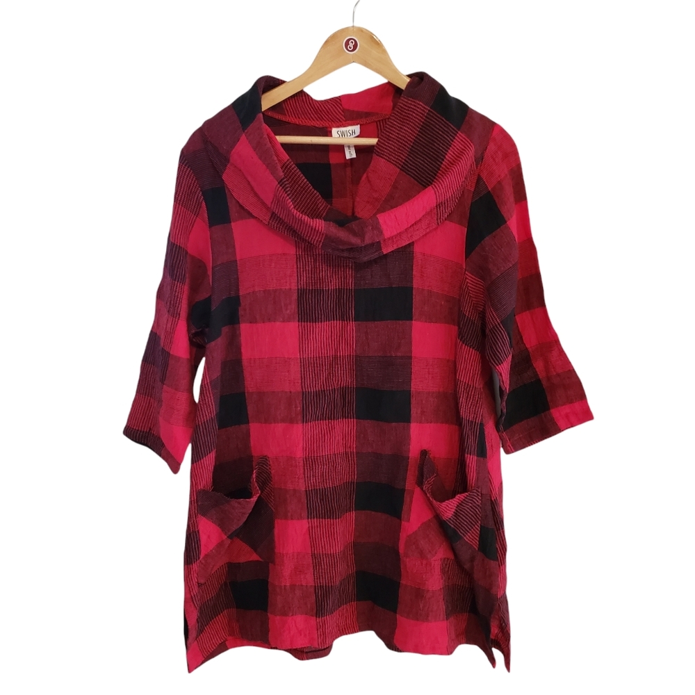 SWISH red black plaid linen 1/2 sleeve cowl neck tunic shirt size small